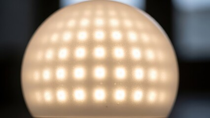 Close up of a bright glowing light bulb with a grid of lights