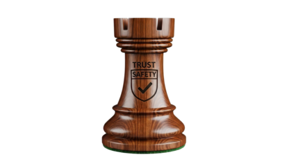3D Render of Wooden Chess Rook with 'TRUST SAFETY' Text and Shield Icon isolated PNG with Transparent Background
