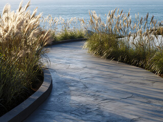 Winding Stone Path with Tall Grass and Ocean View on Sunny Day