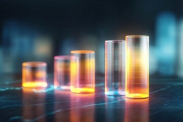 Glowing Glass Cylinders Representing Financial Growth in Blue