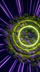 Glowing Forest Sphere with Neon Streaks on Dark Background