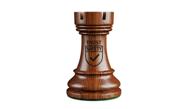 3D Render of Wooden Chess Rook with 'TRUST SAFETY' Text and Shield Icon isolated PNG with Transparent Background - Powered by Adobe