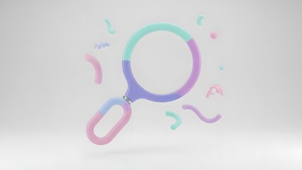 Pastel 3D Magnifying Glass Icon with Confetti Accents.