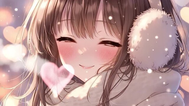 Anime-style girl wearing earmuffs smiling in a sparkling winter atmosphere
