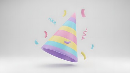 Colorful pastel party hat with confetti on white background.