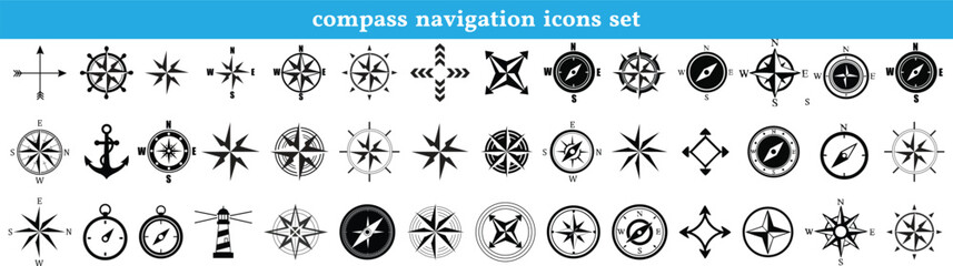 Obraz premium Nautical compass navigation icons set, marine sailing and travel symbols, Collection of various black and white compass and navigation icons