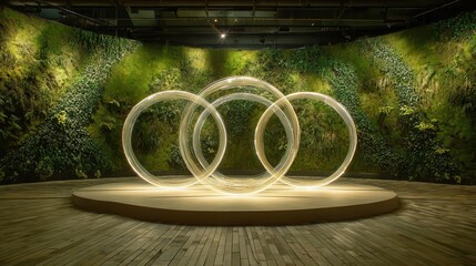 Glowing Interlocking Rings Against Lush Green Wall