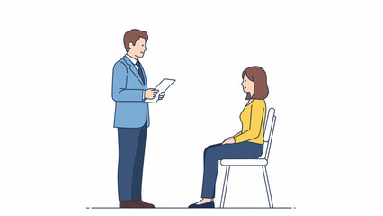 Business Meeting A Man in a Suit Interviews a Woman Sitting on a Chair - Professional Interaction