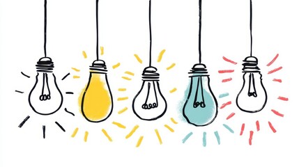 Fototapeta premium Colorful Hanging Light Bulbs in Yellow Blue and White with Glowing Effects