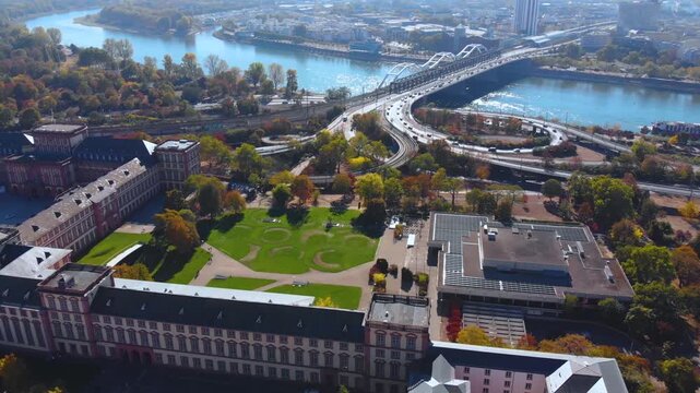 Aerial view around the city of Mannheim in Germany beside the Rhine river on a sunny autumn day