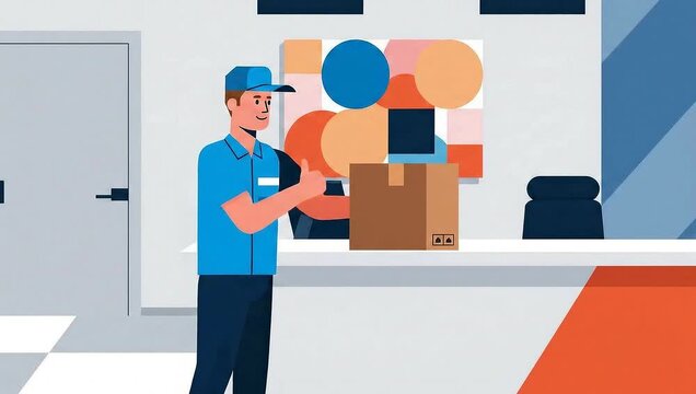 Delivery Man Bringing Package to Office Reception Illustration.