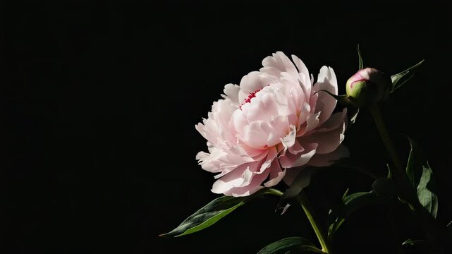 A pale pink peony bud slowly opens up, revealing its layers of petals. This process is captured on a smooth black surface. The bloom showcases its structure and beauty as it unfolds