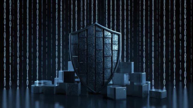 Dark metallic shield protecting stacked cubes with falling binary code cybersecurity protection