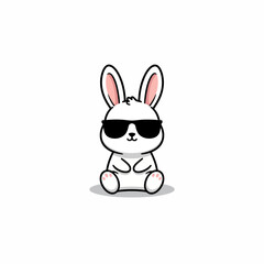 Obraz premium Cute White Bunny Wearing Black Sunglasses Sitting Down.