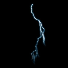 Soft glowing lightning overlay streak, slightly curved pale blue storm bolt with hazy lower forks fading into darkness, atmospheric subtle weather lightning overlay for photo composites and VFX

