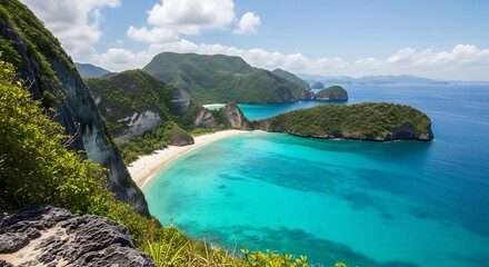 Obraz premium Stunning Tropical Island Paradise with Turquoise Waters and Lush Green Mountains.