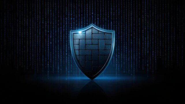 Blue glowing shield with brick pattern before binary code backdrop conveying digital cybersecurity