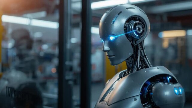 Futuristic humanoid android robot with metallic body and glowing blue light eyes laboratory