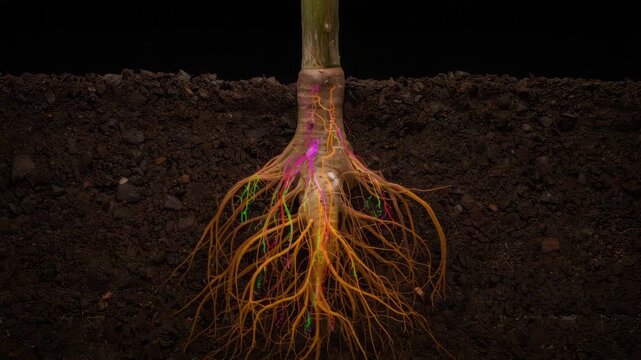 Young tree root system with vibrant mycorrhiza fungus and soil texture glowing nutrient pathways