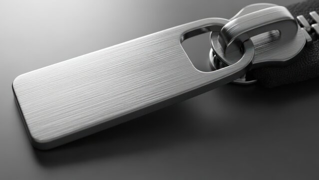 Close up of a metallic zipper with a brushed metal finish