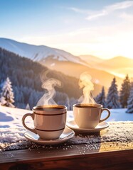 Steaming cups of coffee on a snow-covered porch with mountain views