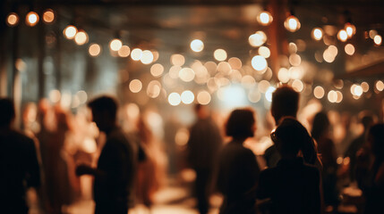 Naklejka premium A blurry nighttime scene of people socializing under string lights at an outdoor event