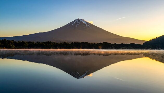 Stunning sunrise view of a snow-capped mountain reflecting in calm water - Powered by Adobe