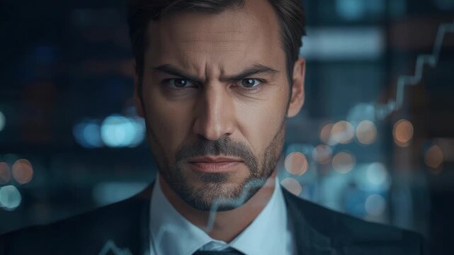 Serious businessman man portrait suit and tie with facial hair, focused analyzing financial chart