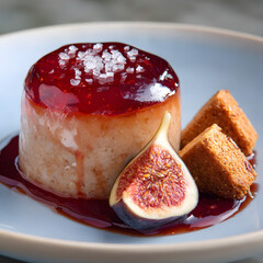 Delicious Dessert with Red Glaze, Fig, and Shortbread on Plate
