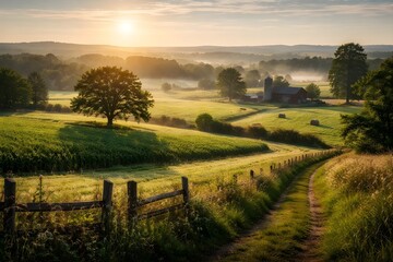 Obraz premium Peaceful rural landscape at sunrise with rolling hills and a farm