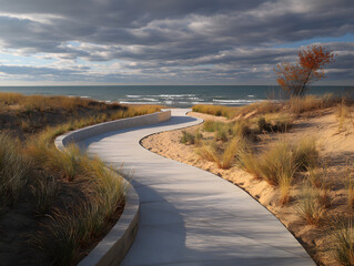 Winding Path at Sandy Beach with Dramatic Cloudy Sky