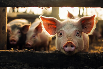 Curious Piglet at Farm Fence at Sunset