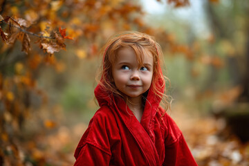 Little girl in red cloak walking through autumn forest