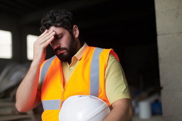 Stressed Construction Worker Holding Head in Frustration