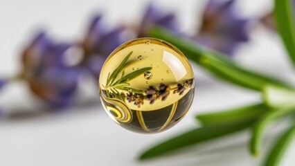 Close up of a transparent sphere with botanical inclusions against a blurred background