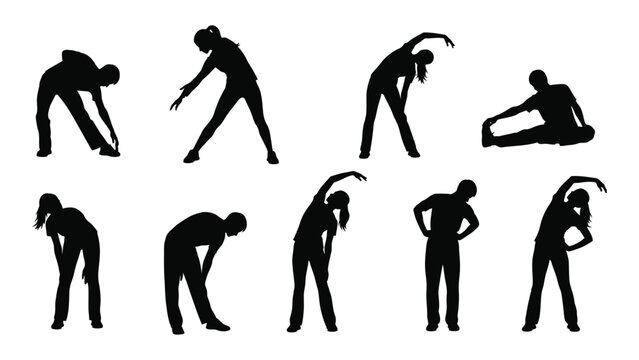 Silhouettes of people performing various stretching and yoga inspired exercises