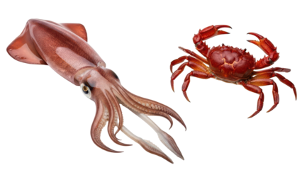 Isolated Fresh Raw Squid and Red Crab Seafood isolated PNG with Transparent Background