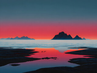 Serene Mountain Landscape at Sunset with Red Sky and Water Reflection