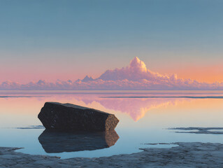 Still Black Rock Reflecting in Calm Pale Water at Peaceful Sunset