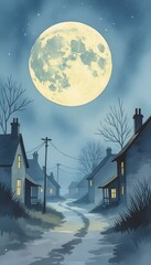 Fototapeta premium Moon Over an Empty Village – Watercolor Night Scene
