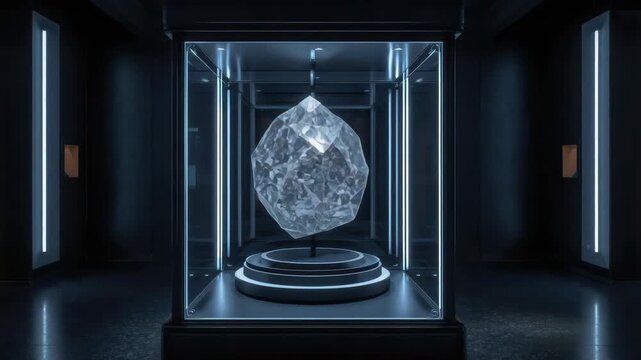 Large rough diamond gemstone display glass case pedestal museum exhibit with dramatic cool lighting