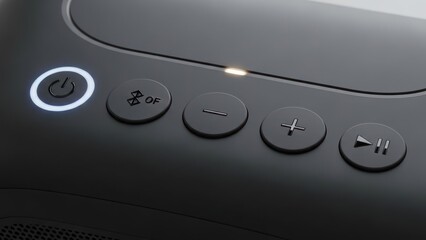 Close up of black electronic device interface with control buttons and illuminated power symbol
