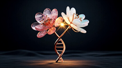 Abstract digital art of glowing gemstone flowers on a metallic DNA structure. Concept of evolution and beauty in science for creative projects.