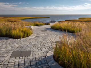 Scenic Coastal Pathway with Golden Grass Under Blue Sky