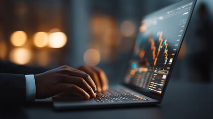 A businessman typing on a laptop with stock market data displayed on the screen