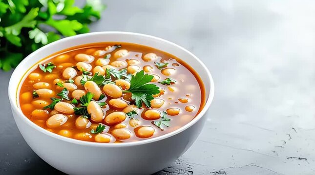 A vibrant bowl of delicious white beans simmered in a rich, reddish-orange tomato sauce, garnished with fresh green parsley, set on a dark textured surface.