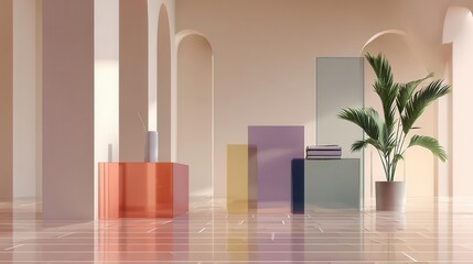 Minimalist Architectural Interior with Colored Glass and Plants