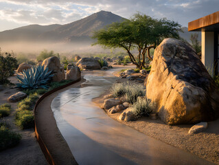 Scenic Desert Landscape with Curving Walkway, Green Tree, and Mountain Backdrop
