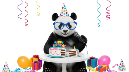 Cute Panda Wearing Party Hat and Glasses Holding Microphone with Birthday Cake and Gifts isolated PNG with Transparent Background