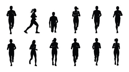 Silhouettes of runners in motion depicting a diverse group jogging and sprinting